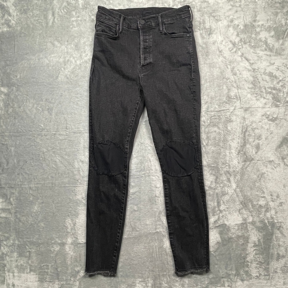 Mother The Looker Skinny Jeans Womens 29 Black Knee‎ Patch Button Fly Raw Hem